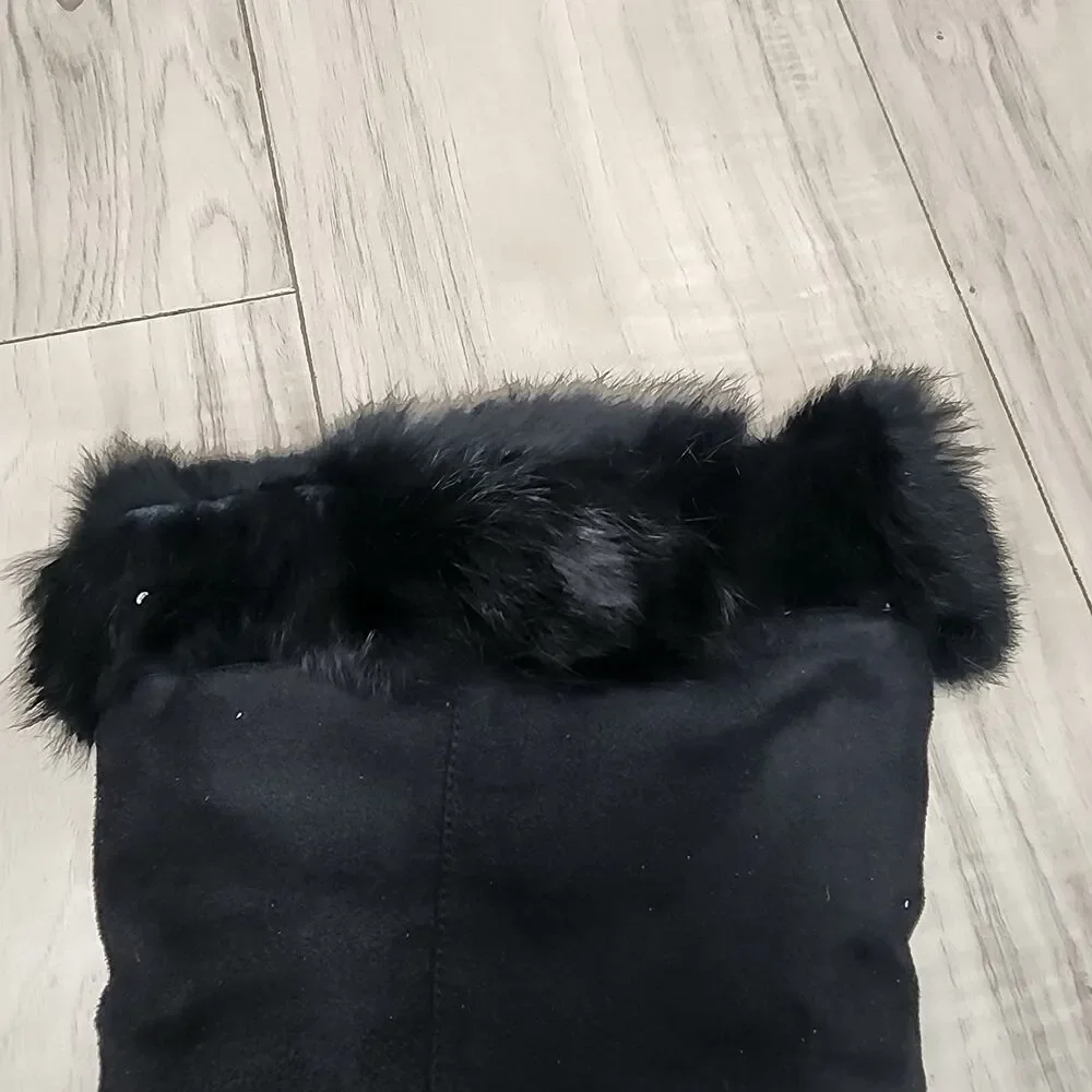 Women's Furry Trimmed Side Zipper Slim High Heel Suede Retro Over-Knee Boots 7.5